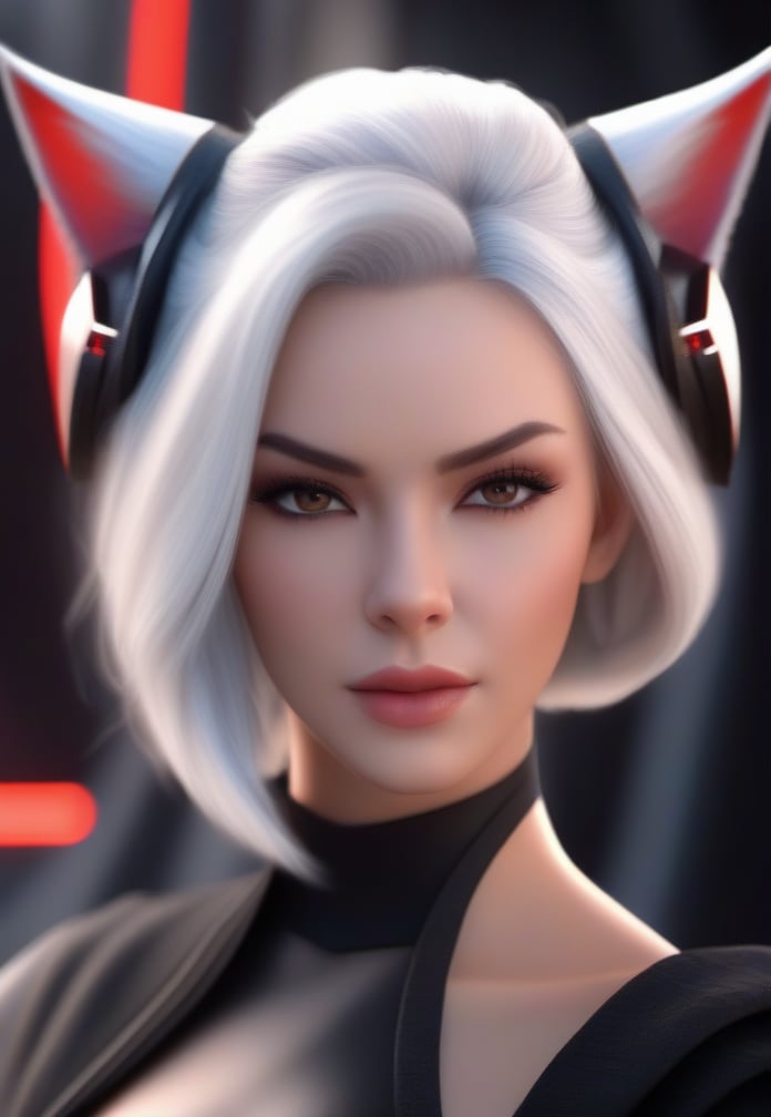 female Sith lord from STAR WARS, white hair, cat ears, beautiful face, detailed face, hyperdetailed, masterpiece, 8k, dynamic pose, immersive background, depth of field,