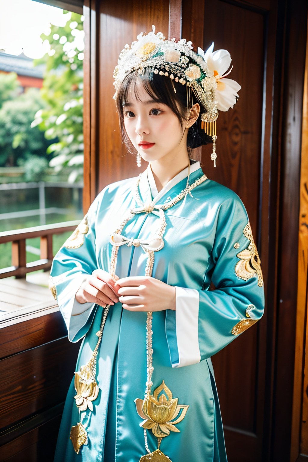  miaozu,1girl,moyou, detailed high, high precision, high quality, the UHD, 16 k, rich details, abundant element, shows that a girl, beautiful, lotus, lotus leaf, pearlygates, traditional clothing, clothing patterns, miao clothing headwear