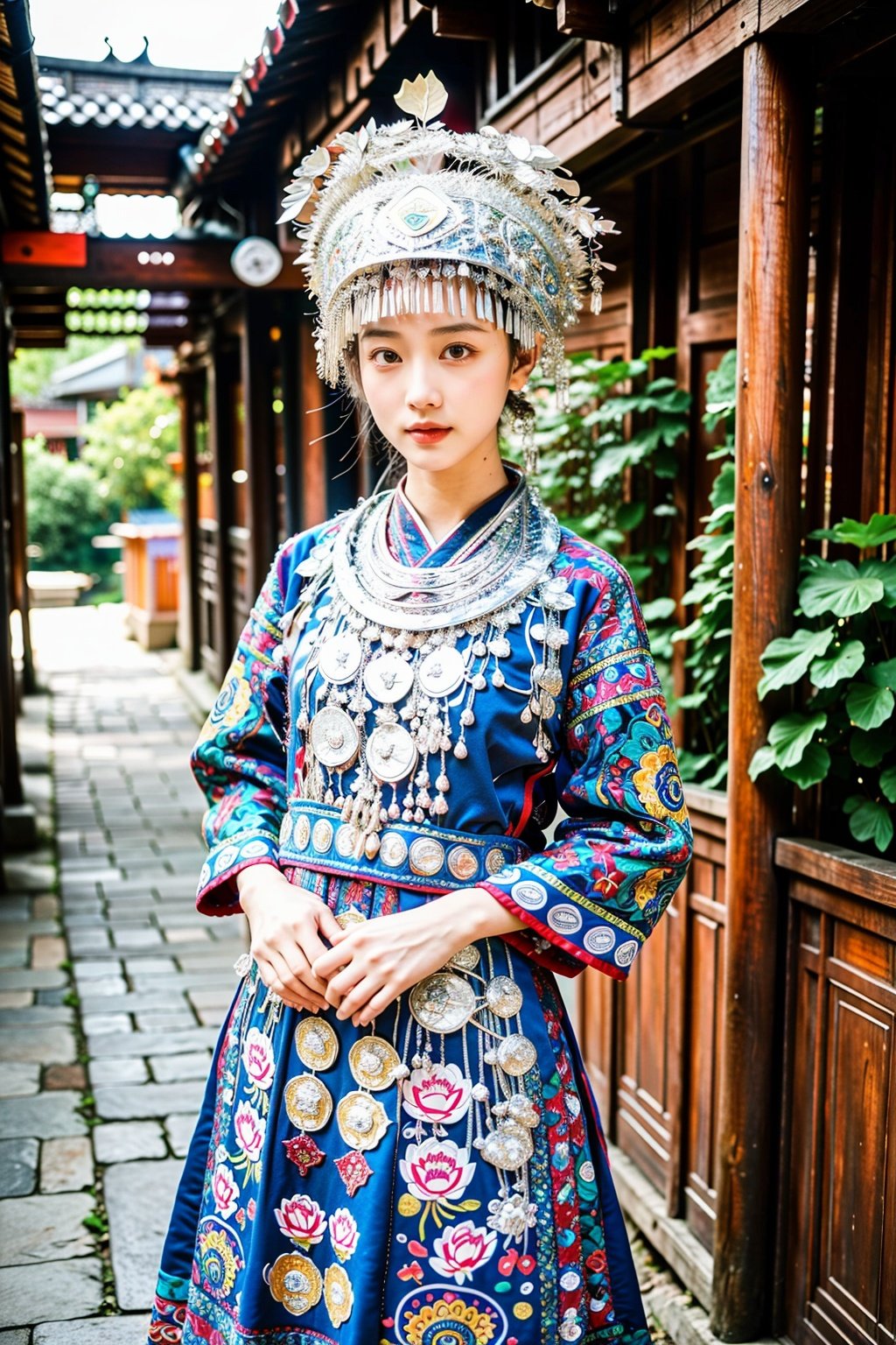  miaozu,1girl,moyou, detailed high, high precision, high quality, the UHD, 16 k, rich details, abundant element, shows that a girl, beautiful, lotus, lotus leaf, pearlygates, traditional clothing, clothing patterns, miao clothing headwear