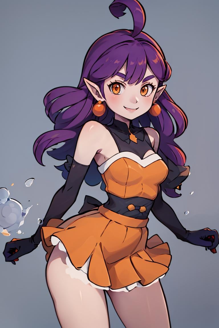 <lora:Sugimori_Ken_Style_v1:0.8>, ((masterpiece,best quality)), absurdres, <lora:Stardust_Pumpkins_Citron_OC_Anime:0.8>, Stardust_Pumpkins_Citron_OC,  1girl, solo, long purple hair,  orange eyes, ahoge, pointy ears, orange dress, elbow gloves, bare shoulders, maid headdress, jewelry, earrings,  solo, smiling, looking at viewer, cowboy shot,  cinematic composition,  , contrapposto,