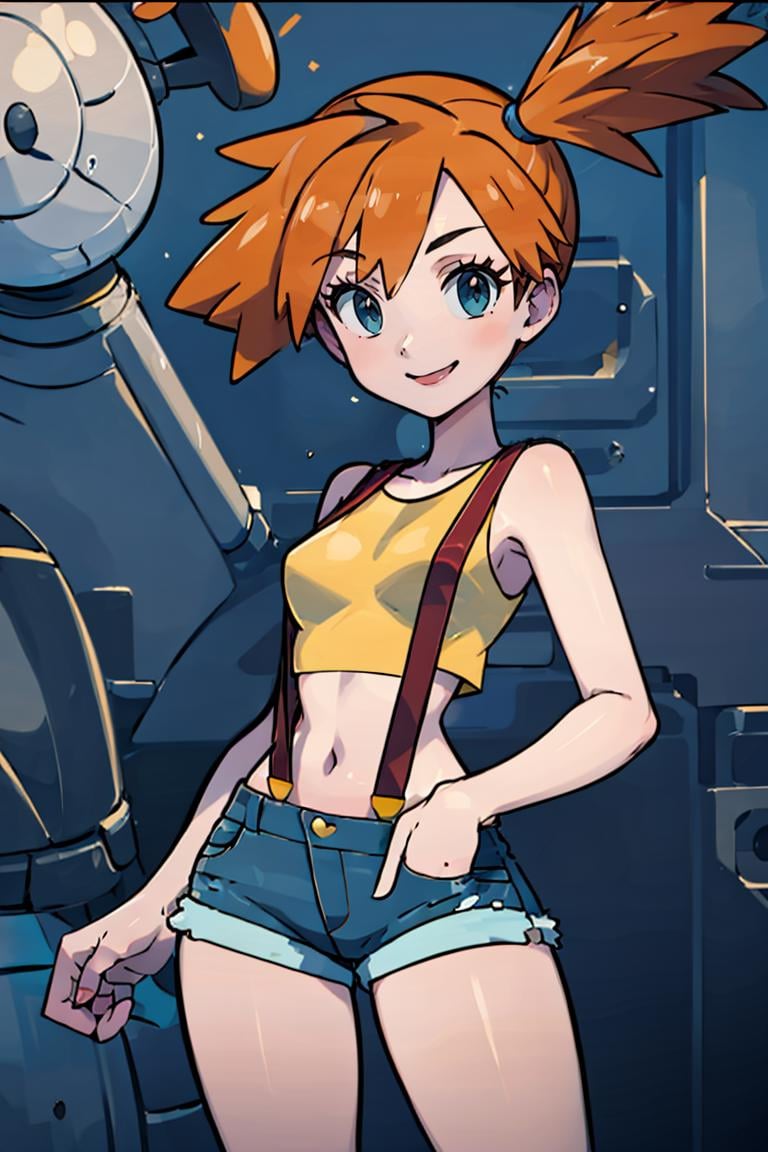 <lora:Sugimori_Ken_Style_v1:0.8>, ((masterpiece,best quality)), absurdres, <lora:Misty_Pokemon_v2_Anime:0.8>, Misty_Pokemon, yellow crop top, suspenders, side ponytail, orange hair, denim shorts, solo, smiling, looking at viewer, cowboy shot, cinematic composition, contrapposto, tropical beach,