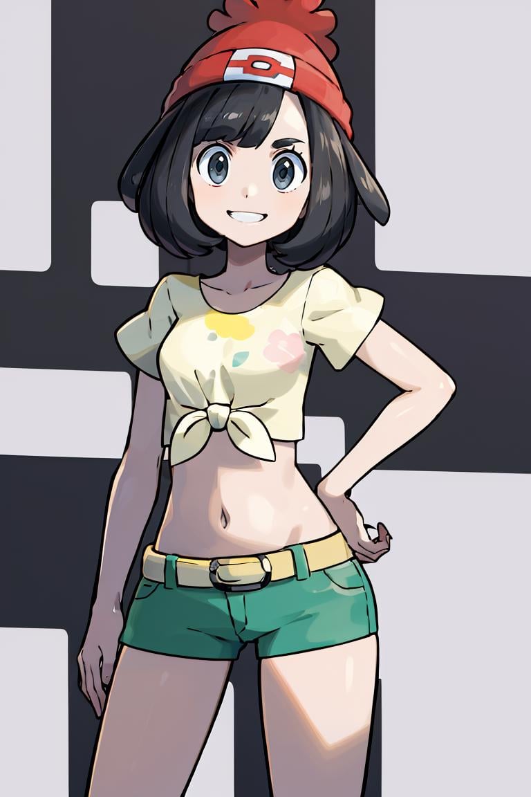 <lora:Sugimori_Ken_Style_v1:0.8>, ((masterpiece,best quality)), absurdres,  <lora:selene_(pokemon)_v1:0.7>,  selene \(pokemon\), solo, grey eyes, black hair, green shorts, red headwear, beanie, shirt, tied shirt, floral print, short hair, short sleeves, short shorts, striped, yellow shirt, belt, midriff,  solo, smiling, looking at viewer, cowboy shot,  cinematic composition, contrapposto, 