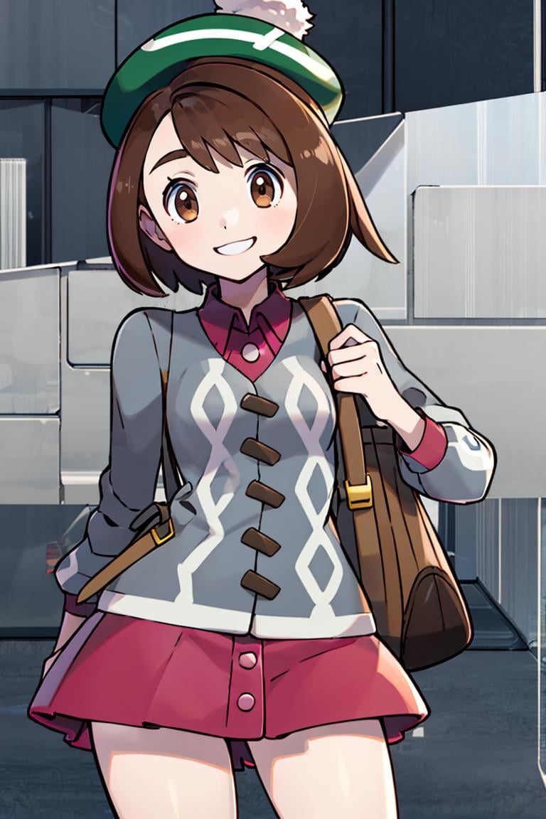 <lora:Sugimori_Ken_Style_v1:0.8>, ((masterpiece,best quality)), absurdres,  <lora:gloria_(pokemon)_v1:0.7>,  gloria \(pokemon\), brown hair, solo, backpack, brown eyes, tam o' shanter, grey cardigan, pink dress, short hair, green socks, socks, brown bag, bob cut, bangs, long sleeves, collared dress,  solo, smiling, looking at viewer, cowboy shot,  cinematic composition, contrapposto, 