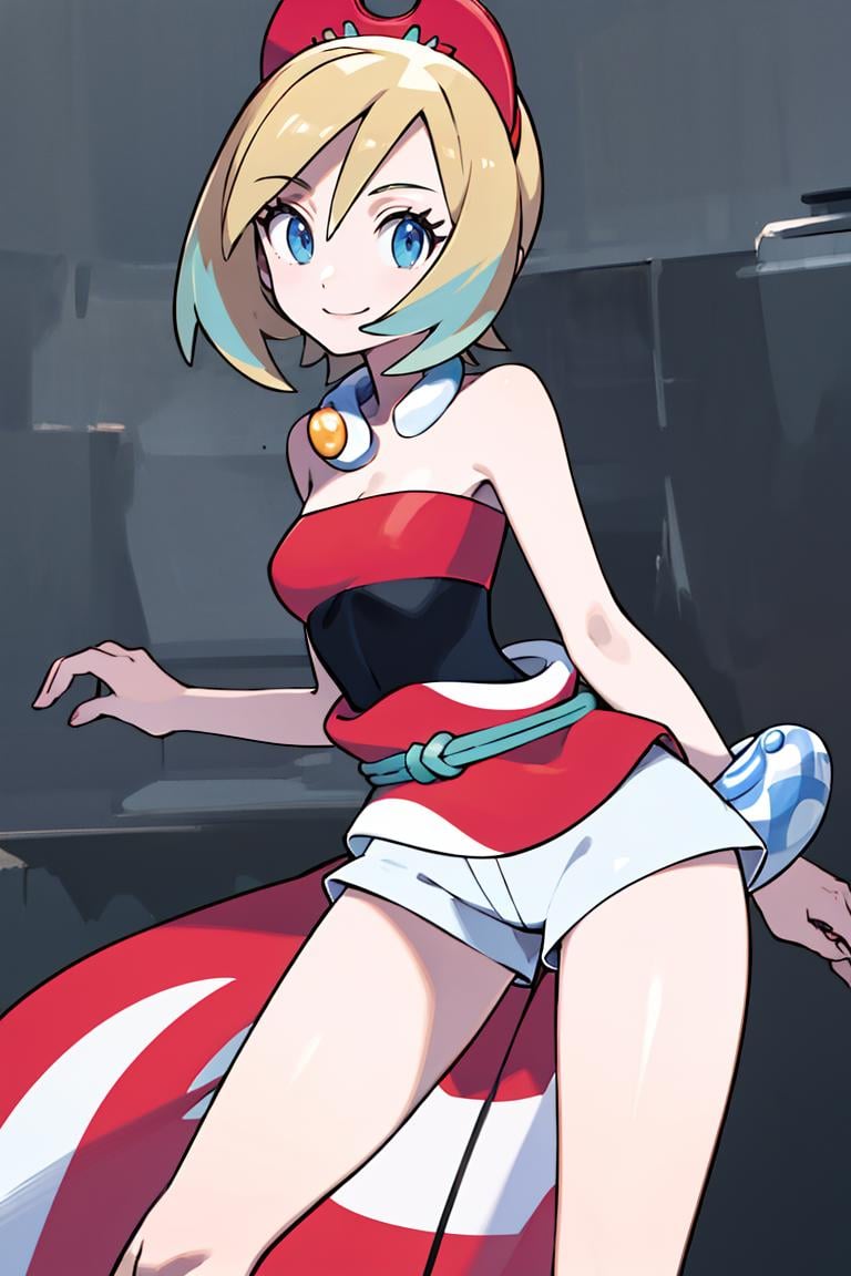 <lora:Sugimori_Ken_Style_v1:0.8>, ((masterpiece,best quality)), absurdres,  <lora:irida_(pokemon)_v1:0.7>, aairida, short hair, red hairband, neck ring, collar, strapless shirt, red shirt, bracelet, sash, waist cape, white shorts, bare legs, solo, smiling, looking at viewer, cowboy shot,  cinematic composition, contrapposto,