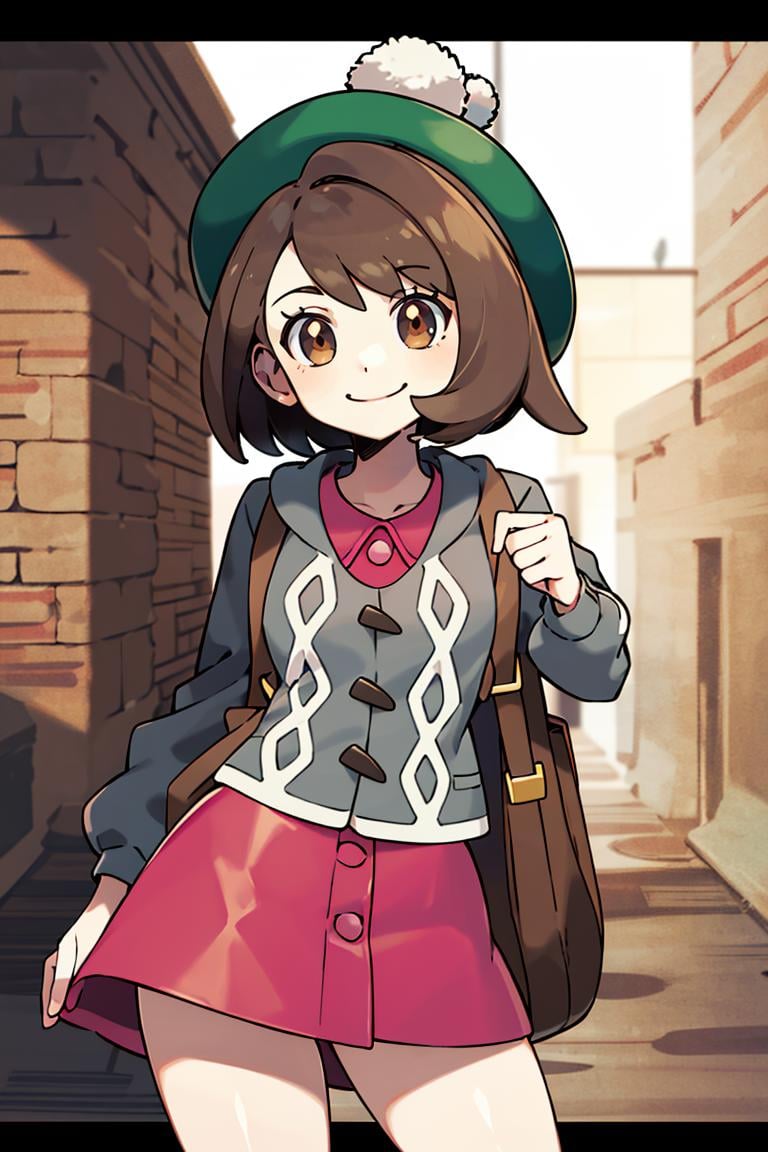 <lora:Sugimori_Ken_Style_v2:0.8>, ((masterpiece,best quality)), absurdres,  <lora:gloria_(pokemon)_v1:0.7>,  gloria \(pokemon\), brown hair, solo, backpack, brown eyes, tam o' shanter, grey cardigan, pink dress, short hair, green socks, socks, brown bag, bob cut, bangs, long sleeves, collared dress,  solo, smiling, looking at viewer, cowboy shot,  cinematic composition, contrapposto, 