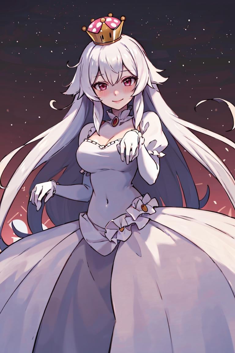 <lora:Sugimori_Ken_Style_v2:0.8>, ((masterpiece,best quality)), absurdres, <lora:Boosette_Mario_Anime:0.9>, Boosette_Mario, 1girl, long hair, white hair, long white dress, ballroom dress, white gloves,  solo, smiling, blushing, looking at viewer, cowboy shot,  cinematic composition,