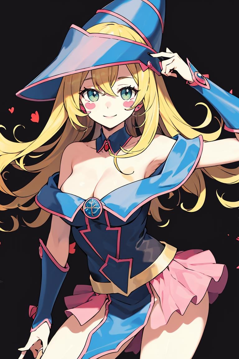 <lora:Sugimori_Ken_Style_v2:0.8>, ((masterpiece,best quality)), absurdres, <lora:dark_magician_girl_v1:0.7>, hmdmg1, wizard hat, blush, blush stickers, cleavage, bare shoulders, dress, off shoulder, solo, smiling, looking at viewer, cowboy shot, cinematic composition, contrapposto