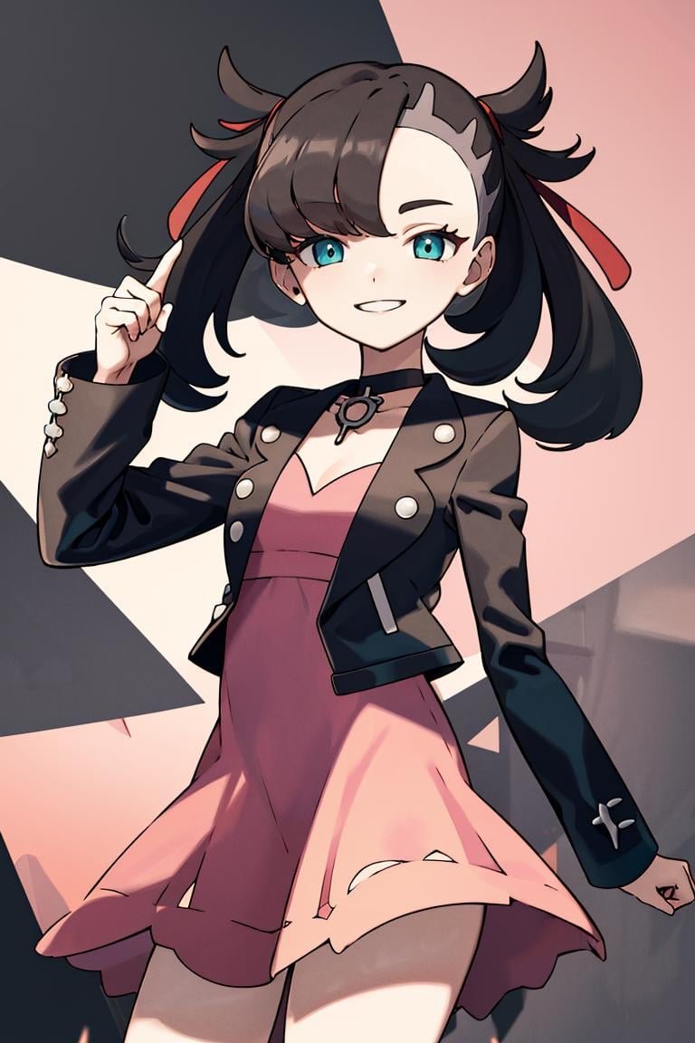 <lora:Sugimori_Ken_Style_v2:0.8>, ((masterpiece,best quality)), absurdres, <lora:marnie_v1:0.7>, hmmarnie, aqua eyes, black choker, red ribbon, pink dress, jewelry, black jacket, open clothes, long sleeves,  solo, smiling, looking at viewer, cowboy shot, cinematic composition, contrapposto, 