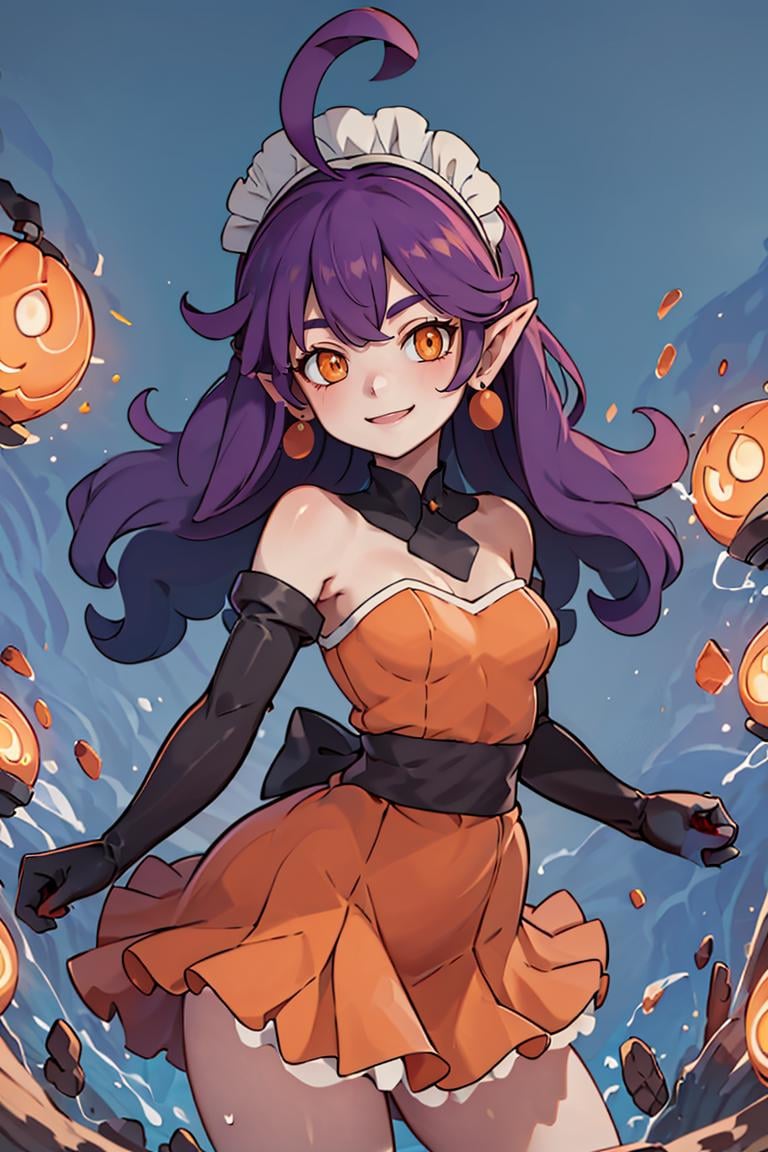 <lora:Sugimori_Ken_Style_v2:0.8>, ((masterpiece,best quality)), absurdres, <lora:Stardust_Pumpkins_Citron_OC_Anime:0.8>, Stardust_Pumpkins_Citron_OC,  1girl, solo, long purple hair,  orange eyes, ahoge, pointy ears, orange dress, elbow gloves, bare shoulders, maid headdress, jewelry, earrings,  solo, smiling, looking at viewer, cowboy shot,  cinematic composition,  , contrapposto,