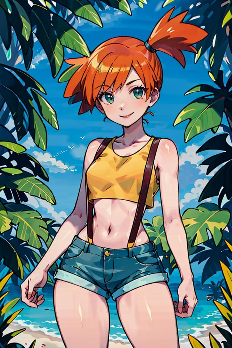 <lora:Sugimori_Ken_Style_v2:0.8>, ((masterpiece,best quality)), absurdres, <lora:Misty_Pokemon_v2_Anime:0.8>, Misty_Pokemon, yellow crop top, suspenders, side ponytail, orange hair, denim shorts, solo, smiling, looking at viewer, cowboy shot, cinematic composition, contrapposto, tropical beach,