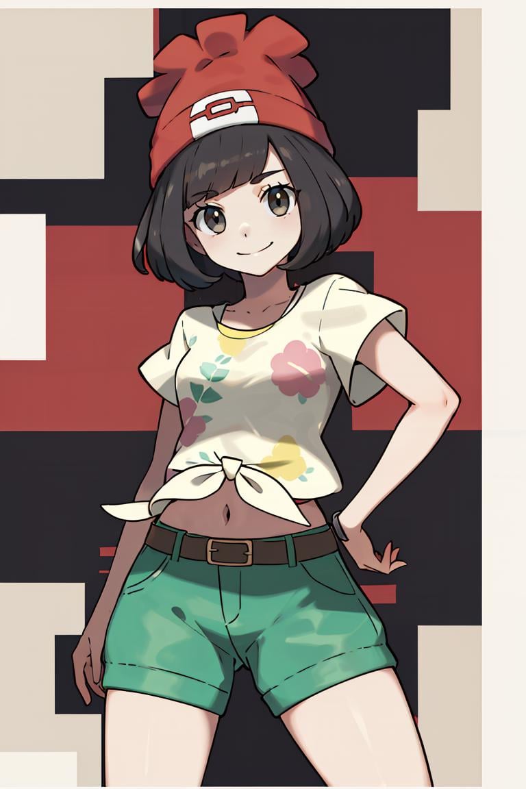 <lora:Sugimori_Ken_Style_v2:0.8>, ((masterpiece,best quality)), absurdres,  <lora:selene_(pokemon)_v1:0.7>,  selene \(pokemon\), solo, grey eyes, black hair, green shorts, red headwear, beanie, shirt, tied shirt, floral print, short hair, short sleeves, short shorts, striped, yellow shirt, belt, midriff,  solo, smiling, looking at viewer, cowboy shot,  cinematic composition, contrapposto, 