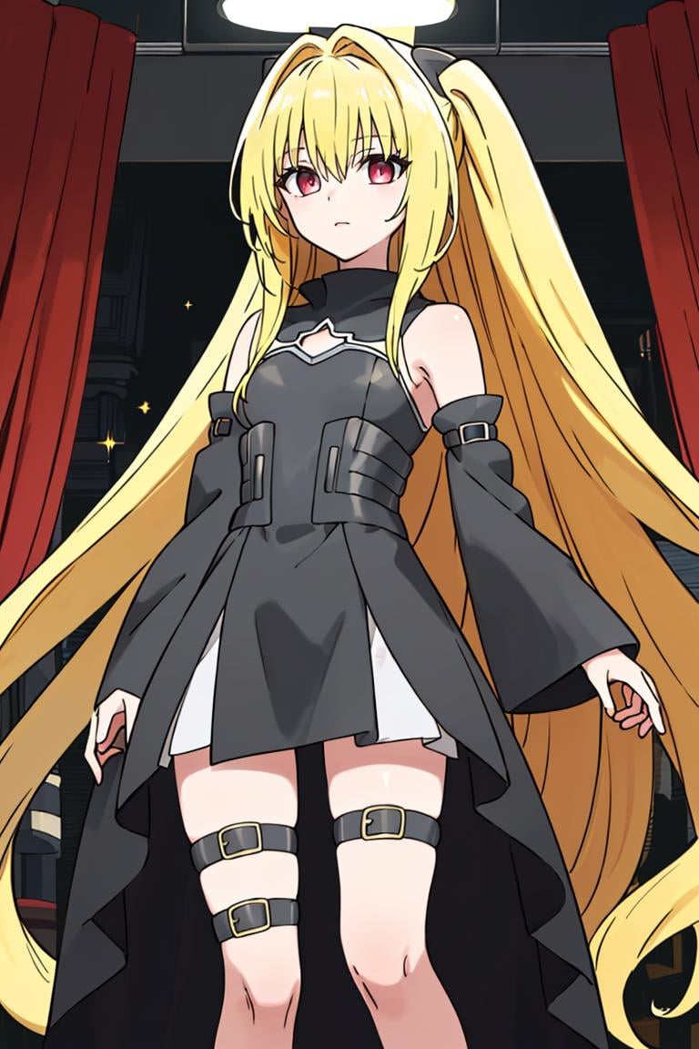 <lora:Sugimori_Ken_Style_v2:0.8>, ((masterpiece,best quality)), absurdres, (finely detailed beautiful eyes: 1.2), phyami, yaminor, 1girl, solo, blonde hair, long hair,  red eyes, thigh strap, very long hair, detached sleeves, black dress,  <lora:yami-v1:1.0>,contrapposto