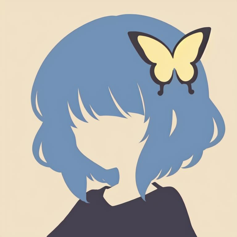 <lora:anime_minimalist_v1-000020:0.9>, anime minimalist, 1girl, solo, blue hair, yellow background, hair ornament, curly hair, butterfly hair ornament