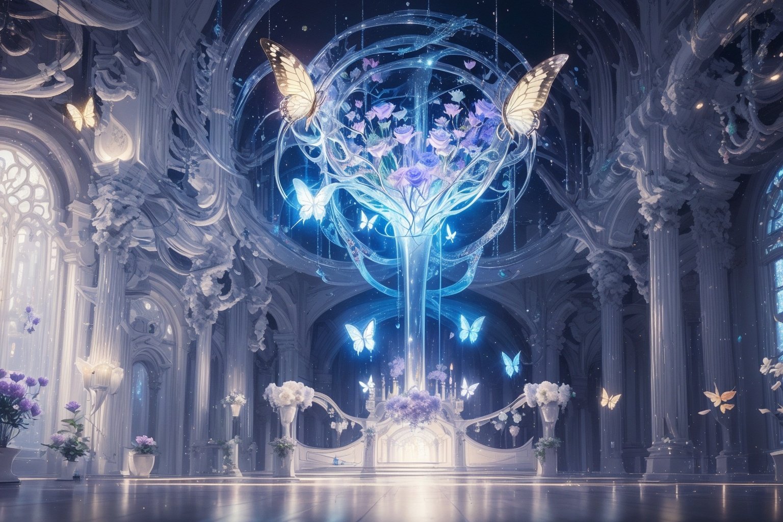  Best quality, 8k, cg,indoor,Hyperdetail,Future City,science fiction,luminescence,column,White Rose,butterfly