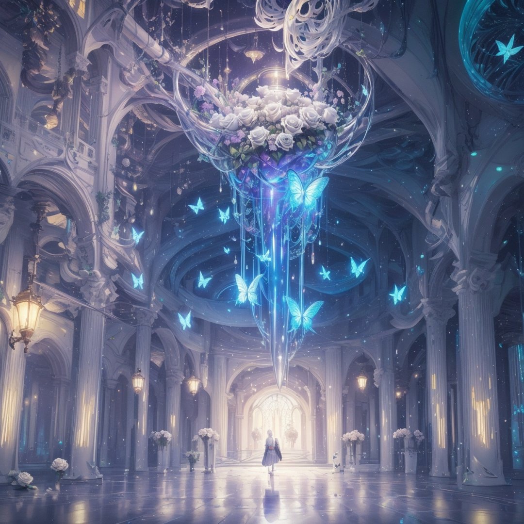  Best quality, 8k, cg,indoor,Hyperdetail,Future City,science fiction,luminescence,column,White Rose,butterfly