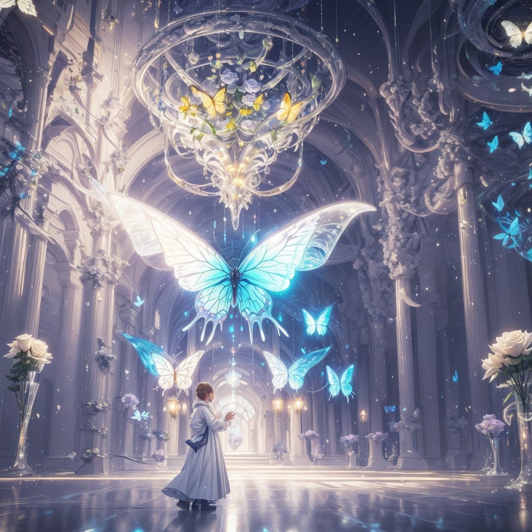  Best quality, 8k, cg,indoor,Hyperdetail,Future City,science fiction,luminescence,column,White Rose,butterfly