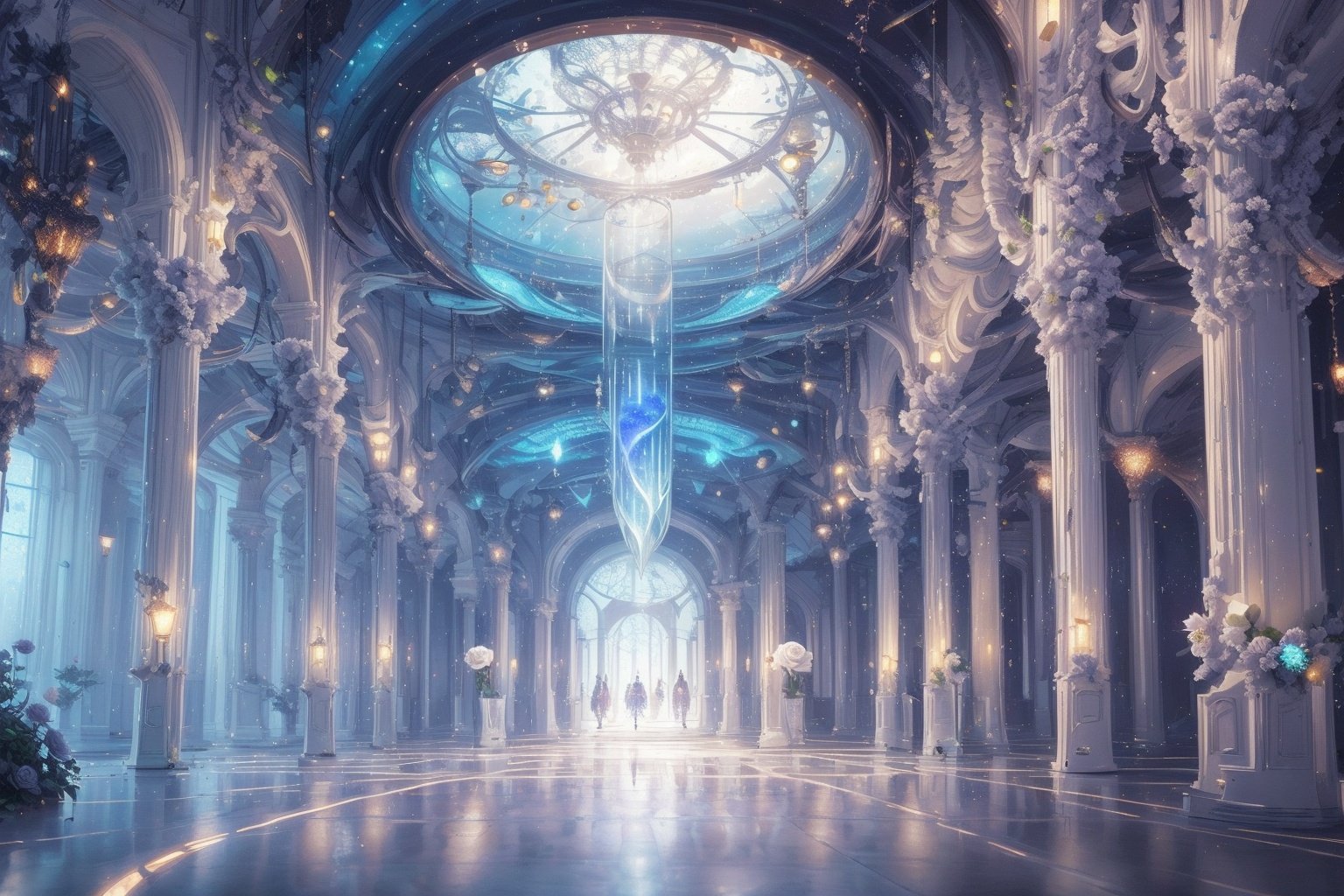  Best quality, 8k, cg,indoor,Hyperdetail,Future City,science fiction,luminescence,column,White Rose