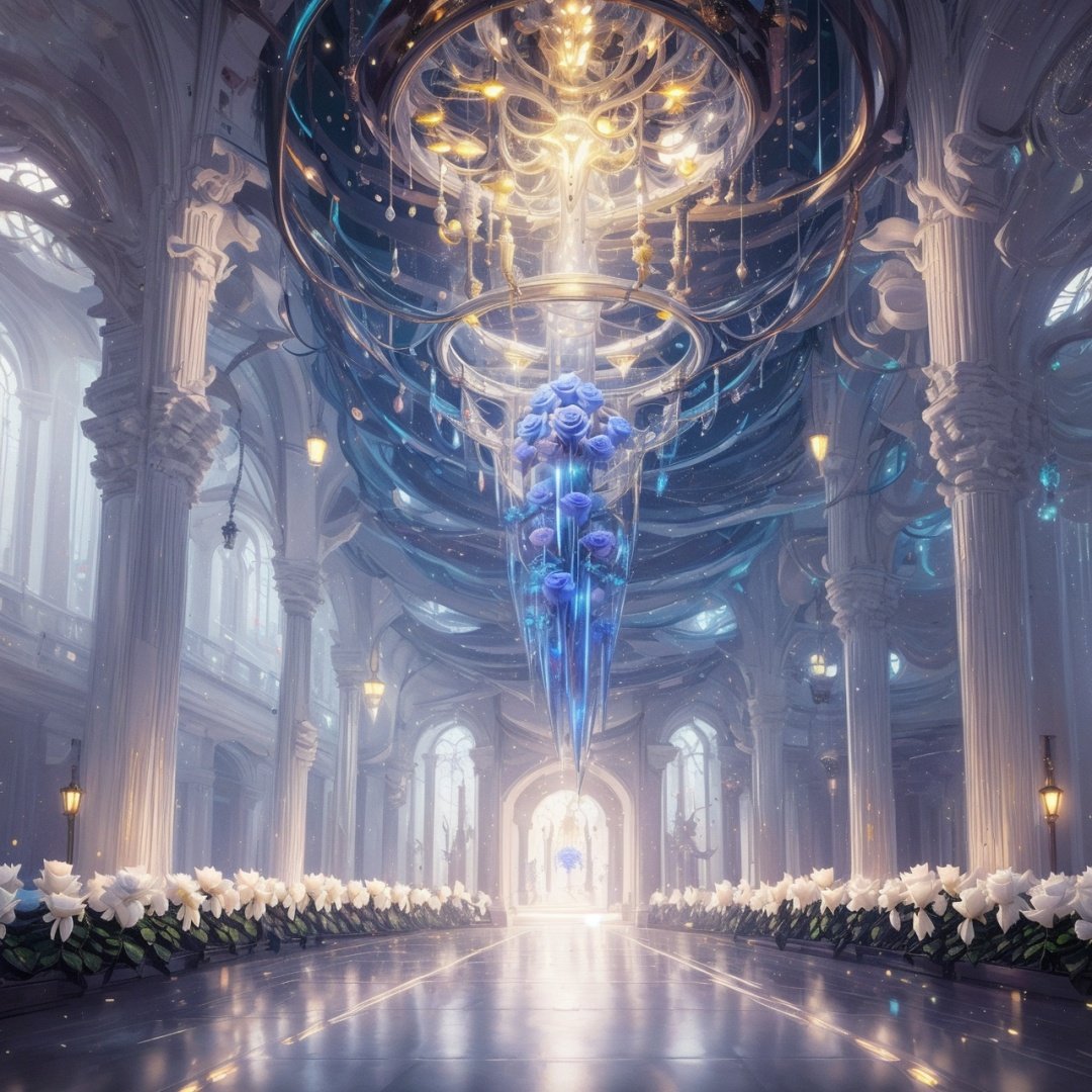  Best quality, 8k, cg,indoor,Hyperdetail,Future City,science fiction,luminescence,column,White Rose,