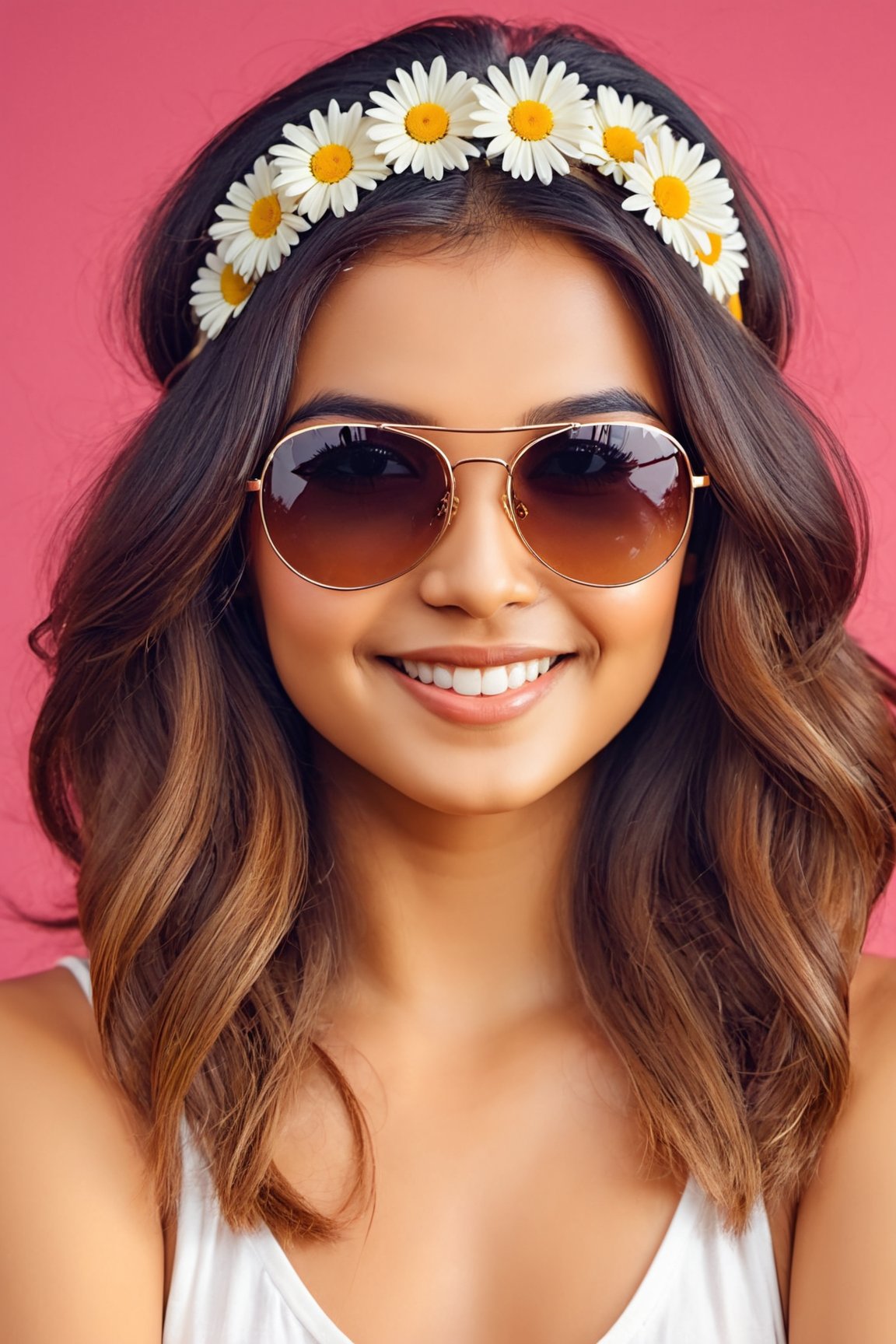 closed lips, cute smile, asian girl, an illustration of a happy woman with long hair a daisy headband, peace sign sunglasses. Driving a short nosed van poster wall art, illustration, groovy vibes

, indian girl,