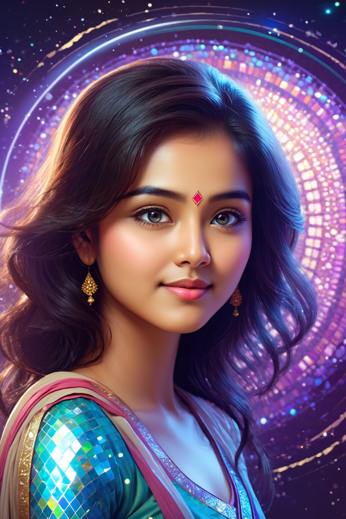 closed lips, cute smile, asian girl, Eye’s open and very cheerful A mesmerizing holographic glitzy magic spell, bursting with vibrant colors and sparkling light, takes center stage in this breathtaking concept art. The image, meticulously crafted as a digital painting, showcases the spell's ethereal essence through intricate details and flawless execution. The multicolored rays of magic intertwine with the shimmering particles, creating a captivating spectacle that draws viewers into the enchanting world of the game. The spell's holographic nature adds a sense of dynamic movement, immersing the audience in its mesmerizing display. This high-quality artwork flawlessly captures the allure and wonder of the spell, leaving viewers in awe of its magical prowess.
, indian girl,