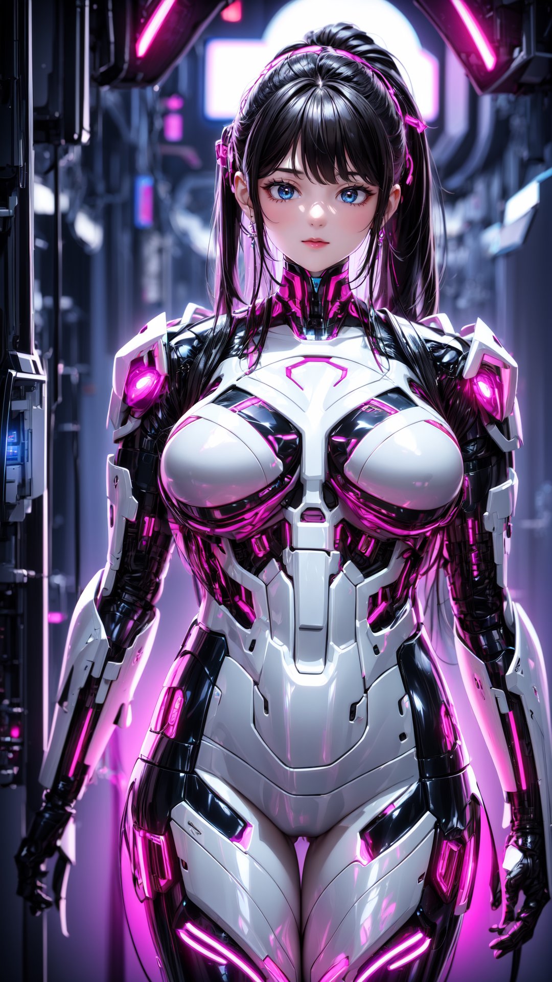 Accurate anatomy, accurate body structure, accurate breast structure, Bright color matching, high contrast,
full body, (upper body:1.2), 
1girl, solo, beautiful face, black_hair, Long ponytail,  (gigantic breast:1.2),  (wires), robotic body, robotics arms, robotic legs, robotic hands, armored, straight leg, mechanical, mecha, light particles, Pink Mecha, All-round fill light, 
kimono, laboratory,
CyberMechaGirl,Cyberpunk,CyberMechaGirl