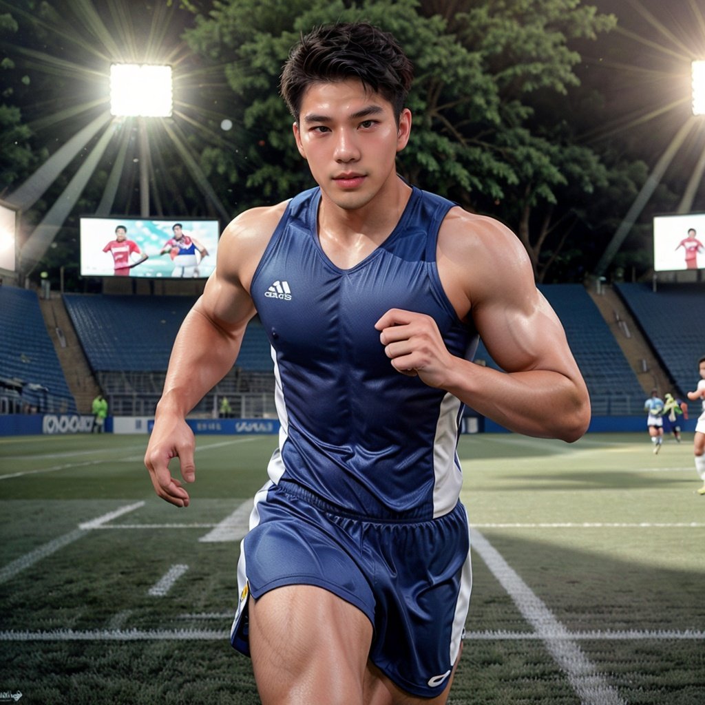 masterpiece,highres,realistic,handsome,photogenic,masculine,big muscles,(tight gymsuit:0.8),running in middle of soccer field blushing from embarrassment,HDR,octane,Stadium lighting,dinamic light,sunkisses,ringlights,sunshine,high detailed skin,high detailed face,best quality,8k,Asian boy,