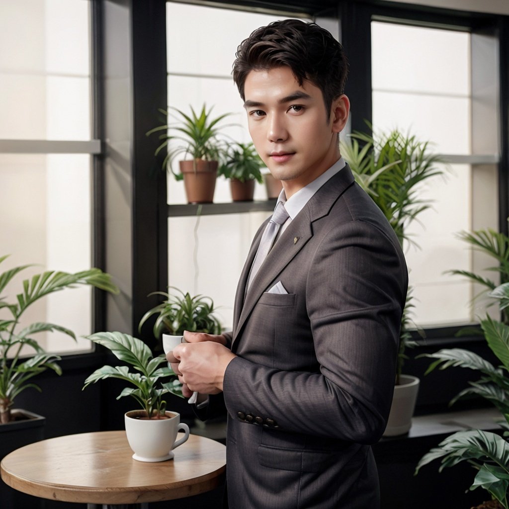 masterpiece, 1 Man, Look at me, Short hair, Tea hair, Handsome, Business suit, Black, Indoor, Coffee Shop, Potted plant, Light and shadow, The sunshine outside the window, textured skin, super detail, best quality