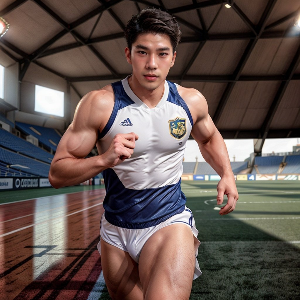 masterpiece,highres,realistic,handsome,photogenic,masculine,big muscles,(tight gymsuit:0.8),running in middle of soccer field blushing from embarrassment,HDR,octane,Stadium lighting,dinamic light,sunkisses,ringlights,sunshine,high detailed skin,high detailed face,best quality,8k,Asian boy,