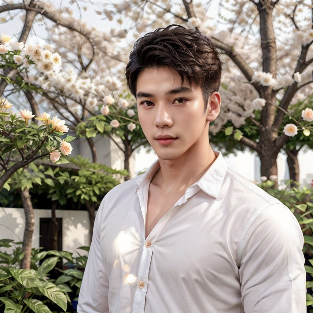 masterpiece,1 Man,Handsome,Look at me,Brown eyes,Short hair,Oil head,White shirt,22 years old,Outdoor,Garden,Peach tree,Flying petals,textured skin,super detail,best quality,