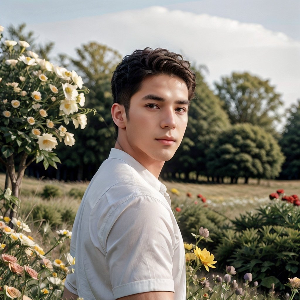 gorgeous male portrait,from the side,looking at viewer,in a meadow,flowers,beautiful hair,manly,gorgeous lighting,