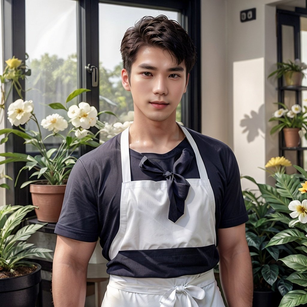 masterpiece, 1 Man, Look at me, Short hair, Tea hair, Handsome, White shirt, Apron, Indoor, Flower Shop, Potted plant, Light and shadow, The sunshine outside the window, textured skin, super detail, best quality