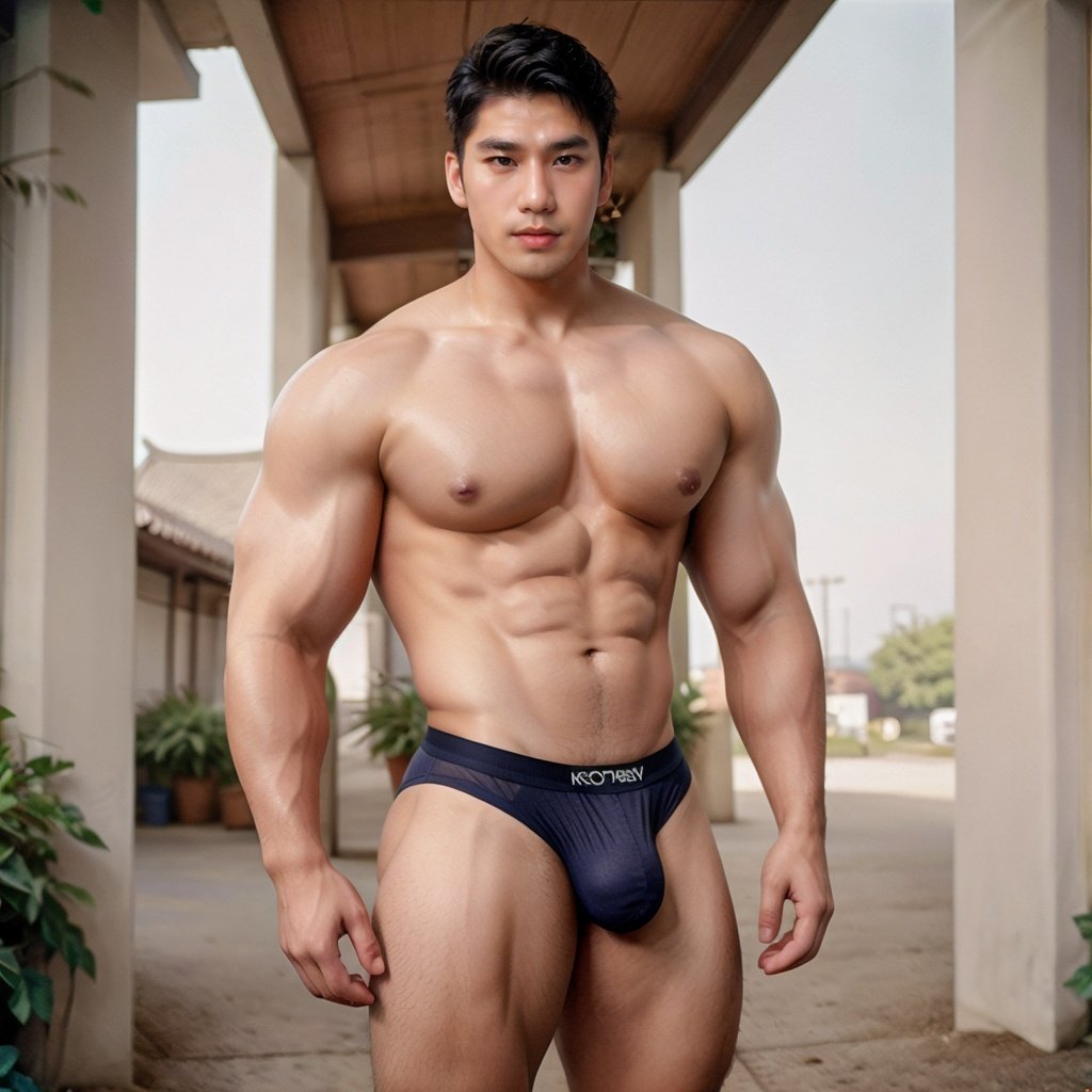 nalog film photo,masterpiece,1 Man,male focus,large pectorals,muscular,muscular male,short hair,black hair,thick thighs,male underwear,bulge,looking at viewer,Muscle and meat,Brother and noble,Glossy skin,Big tits,Men's sexy underwear,Asian male,Stubble,Handsome,Outdoor,faded film,35mm photo,grainy,vintage,Kodachrome,textured skin,super detail,best quality,Dynamic posture,