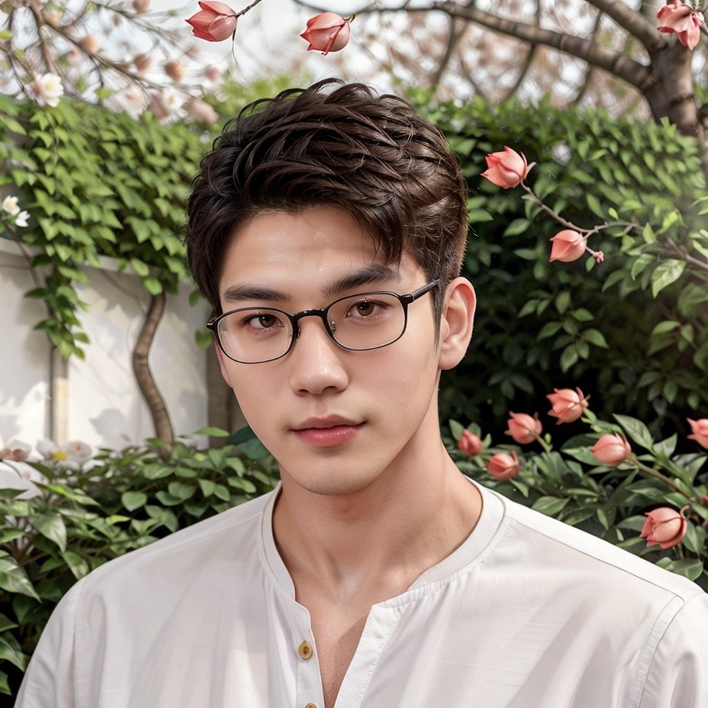 masterpiece,1 Man,Handsome,Look at me,Brown eyes,Short hair,Oil head,White shirt,Gold rimmed glasses,22 years old,Outdoor,Garden,Peach tree,Flying petals,textured skin,super detail,best quality,