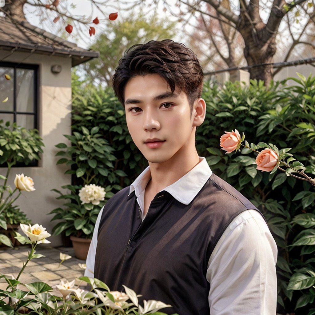 masterpiece,1 Man,Handsome,Look at me,Brown eyes,Short hair,Oil head,White shirt,22 years old,Outdoor,Garden,Peach tree,Flying petals,textured skin,super detail,best quality,