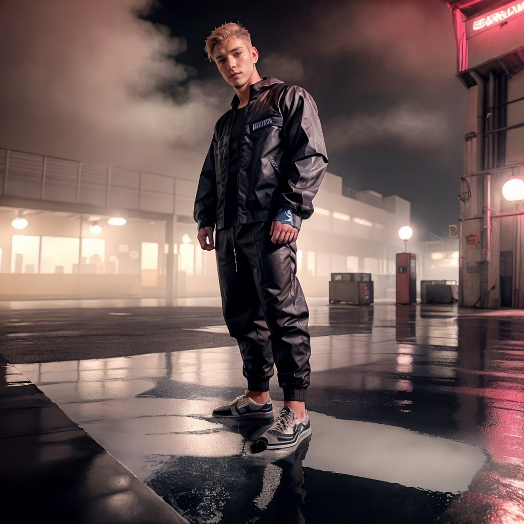 RAW photo,handsome man in dark clothes,techwear,short hair,blonde,tattoos,piercings,muscled,(parking, industrial, wet floor, red lights, volumetric, fog),