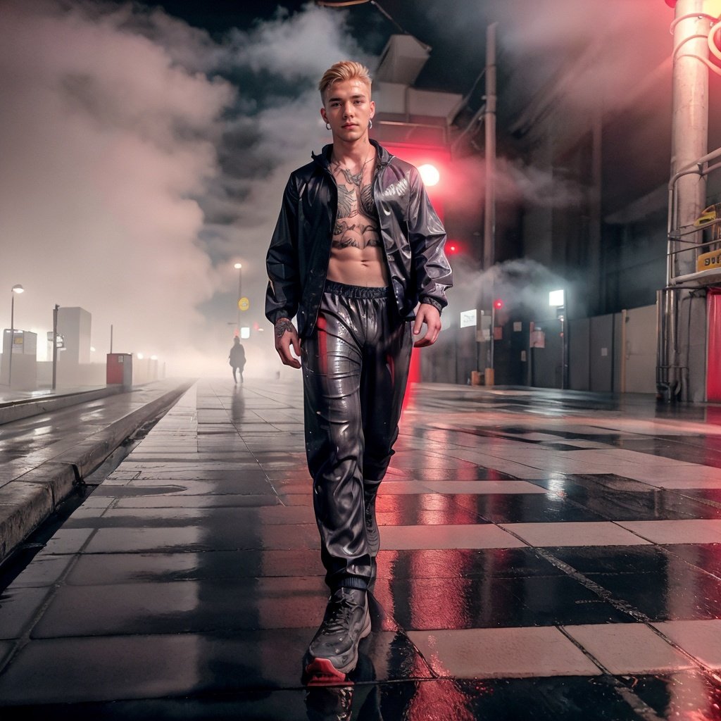 RAW photo, handsome man in dark clothes, techwear, short hair, blonde, tattoos, piercings, muscled, (parking, industrial, wet floor, red lights, volumetric, fog),