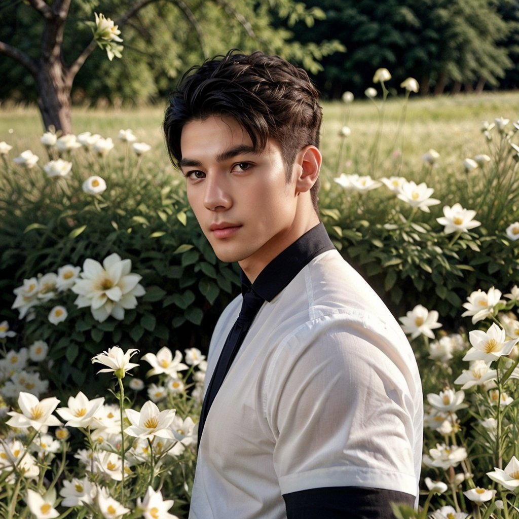 gorgeous male portrait,from the side,looking at viewer,in a meadow,flowers,beautiful hair,manly,gorgeous lighting,