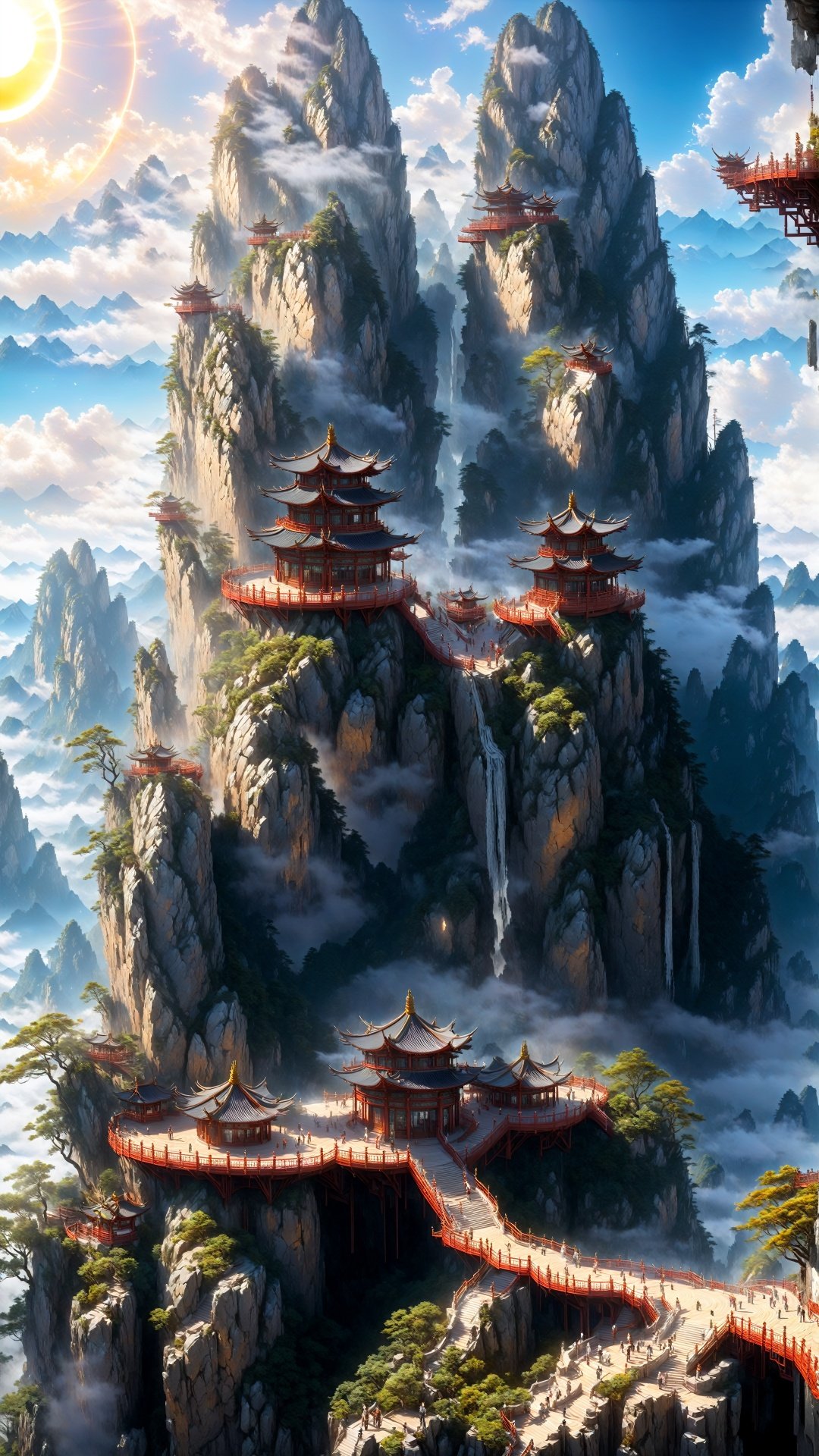 (Oriental fantasy: 1.5) Chinese ancient martial arts style, cosmic perspective (hyper-realistic thick brushstroke style: 1.5) (complex details) There is a broad observation deck on the top of the sect, which allows you to have a panoramic view of the entire sect and the surrounding mountains. The railings on the viewing platform are inlaid with fairy talisman patterns, and the sun shines on them, reflecting a dazzling light. Standing on the observation deck, you can enjoy the beautiful scenery of mountains, forests and sea of clouds