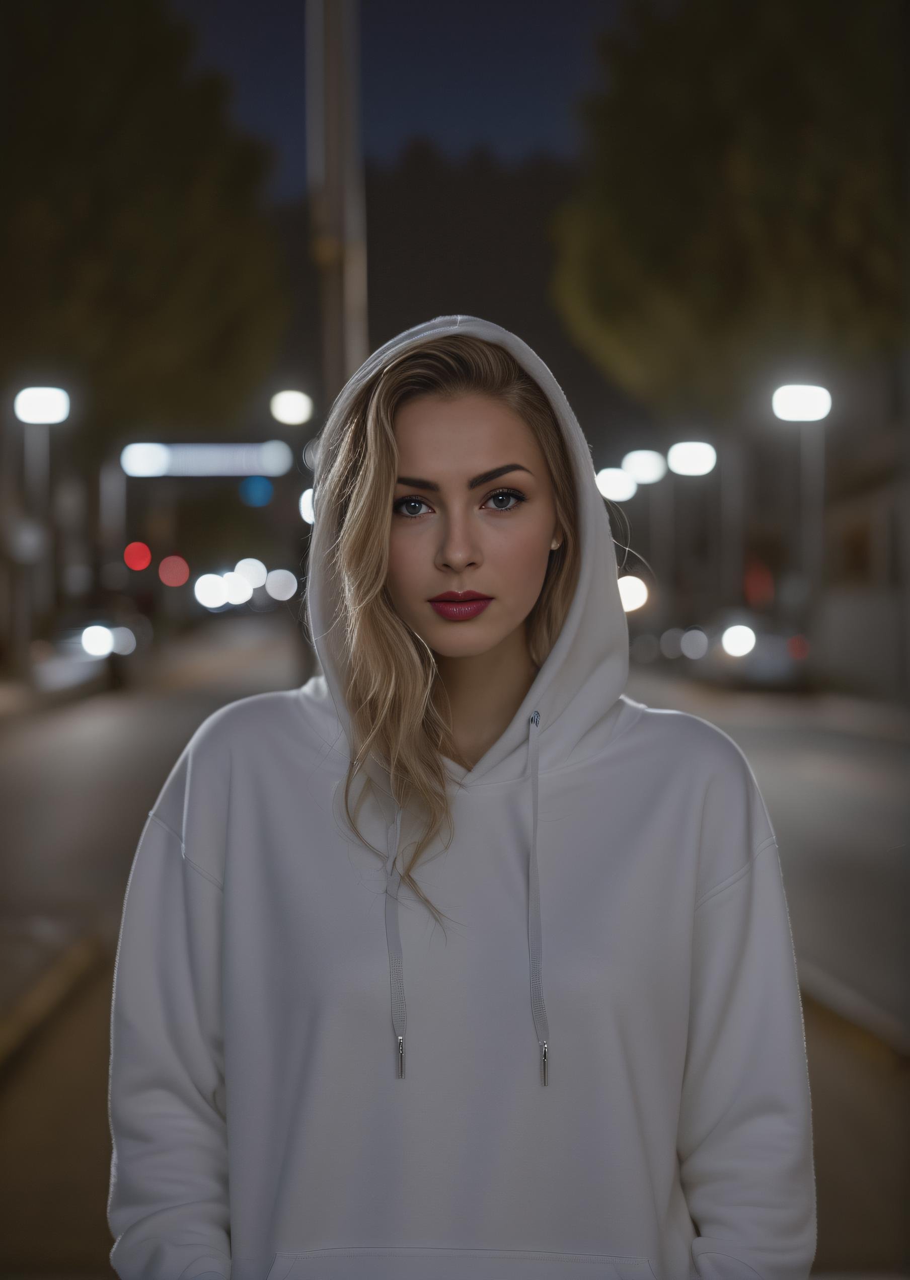 a woman in a white hoodie standing on a street at night with a street light in the background,realistic skin details,realistic hair details,eyeliner,(freckles:0.3),(red lips:0.9),(eyeliner:0.8),Raw photo,8k,realistic skin details,realistic hair details,8k uhd,dslr,high quality,film grain,fujifilm xt3,16k uhd,dslr,best quality,decent Wrinkles,Fine Lines,Hyperpigmentation,Dark Spots,Pores,Dry Skin,Uneven Skin Tone,Blackheads,professional photography,cinema,ultra realistic,outdoor,film camera,dslr,lens flare,super-resolution,(16k),uhd,realistic,ultra realistic,ultra quality,film look,