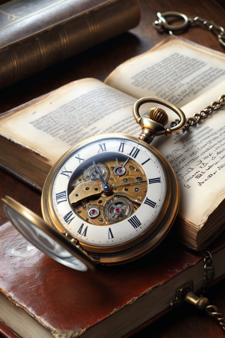 A hyper-detailed digital painting of a vintage pocket watch next to an old book, in the style of photorealism