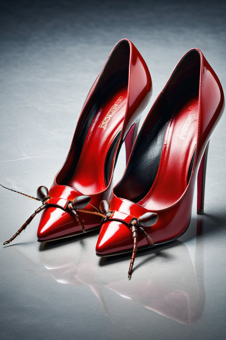 create a photo realistic image of close cockroach (wearing:1.6) small red high heel shoes, sharp focus, high detailed, outstanding colours.