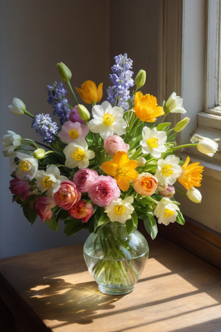 A bouquet of fresh spring flowers, illuminated by dappled sunlight, in the style of the Dutch Golden Age