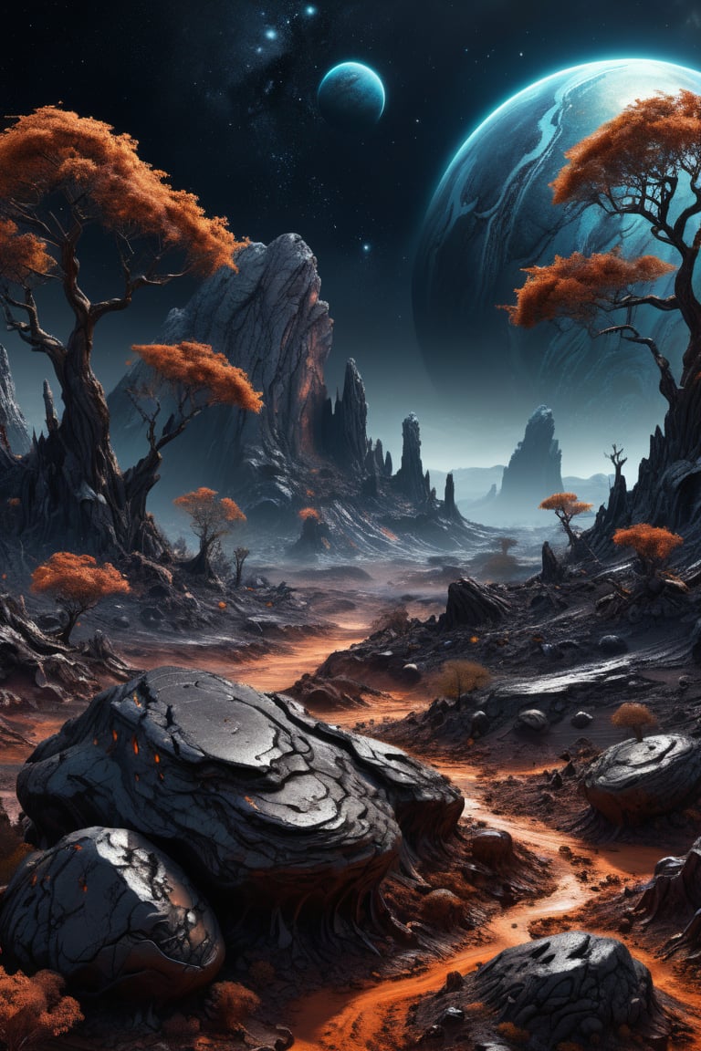 Landscape of a dark far away planet, rock and organic soil, glowing trees, UHD, masterpiece, trending on artstation, sharp focus, studio photo, intricate details, highly detailed,