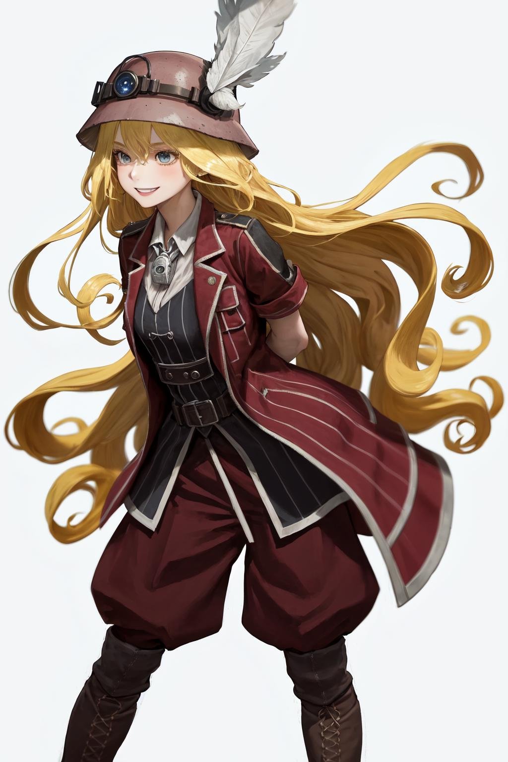 masterpiece, best quality, highres, 1girl very long hair blonde hair curly hair, red jacket helmet whistle short sleeves red pants hat feather boots <lora:lyza:1> leaning forward, smile, arms behind back