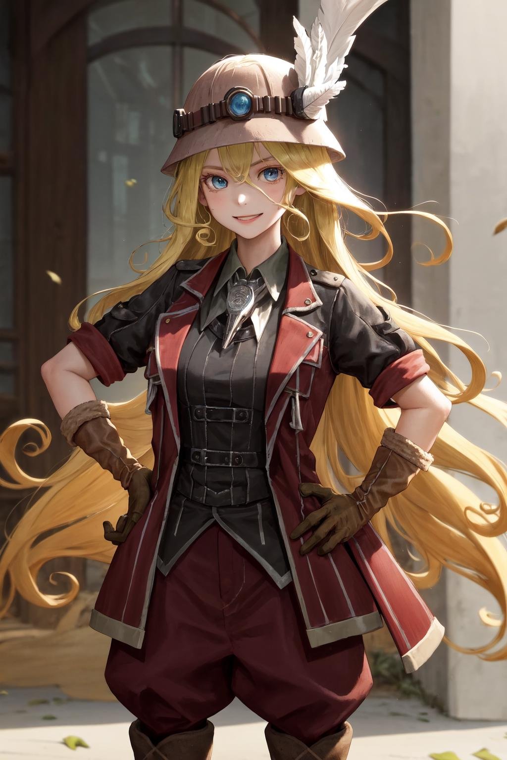 masterpiece, best quality, highres, 1girl very long hair blonde hair curly hair, red jacket helmet whistle short sleeves brown gloves red pants hat feather boots <lora:lyza:1> hand on hip, smile