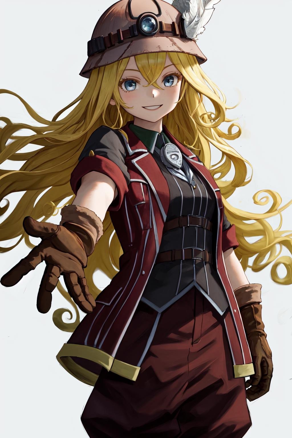 masterpiece, best quality, highres, 1girl very long hair blonde hair curly hair, red jacket helmet whistle short sleeves brown gloves red pants hat feather <lora:lyza:1> outstretched hand, smile