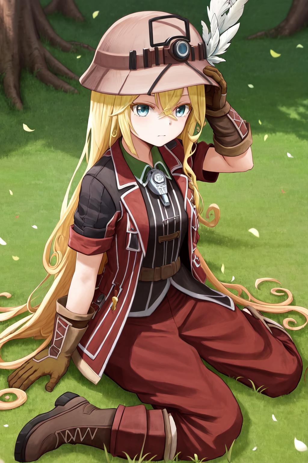 masterpiece, best quality, highres, 1girl very long hair blonde hair curly hair, red jacket helmet whistle short sleeves brown gloves red pants hat feather <lora:lyza:1> sitting, wariza, grass