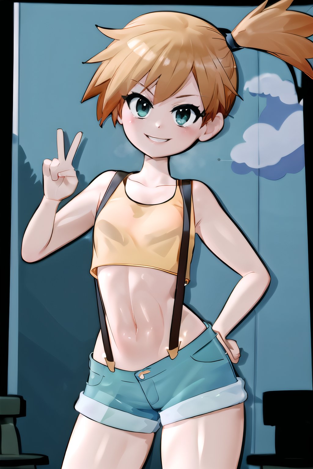 ,((masterpiece,best quality)),, Misty_Pokemon, yellow crop top, suspenders, side ponytail, orange hair, denim shorts,solo, smiling, blushing, looking at viewer, cowboy shot, peace sign,cinematic composition, contrapposto,abstract background,