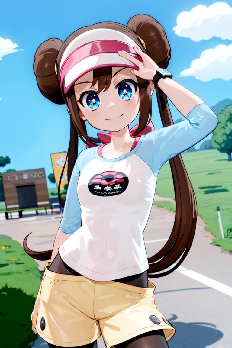 <lora:Mantis_Style:0.8>, ((masterpiece,best quality)), , long hair,  <lora:rosa_(pokemon)_v10:0.7>, ro1, hair bun, blue eyes, twintails, visor cap, pantyhose, raglan sleeves, yellow shorts, shirt, pink bow, wristwatch, solo, smiling, looking at viewer, cowboy shot,  cinematic composition, contrapposto,