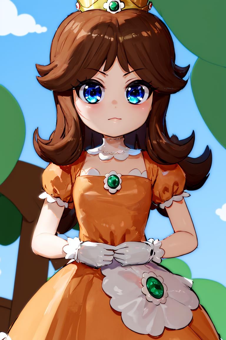 <lora:Mantis_Style:0.8>, (masterpiece, best quality), 1girl,   <lora:princessdaisy-lora-nochekaiser:1> princess daisy, blue eyes, long hair, orange hair, crown, daisy, dress, flower, gem, gloves, orange dress, puffy short sleeves, puffy sleeves, short sleeves, white gloves,